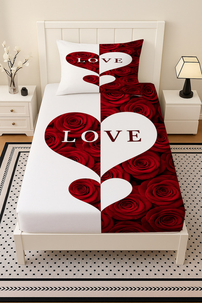Else Dekor Red and White Heart Love Floral Patterned Elastic Single Bed Sheet Set with Pillowcases 100X200Cm