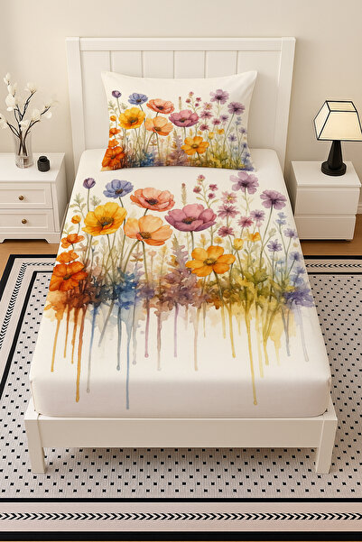 Else Dekor Σετ σεντόνια μονό κρεβάτι με μοτίβο ακουαρέλας λουλούδια με ελαστικό κορδόνι και μαξιλαροθήκη 100x200cm