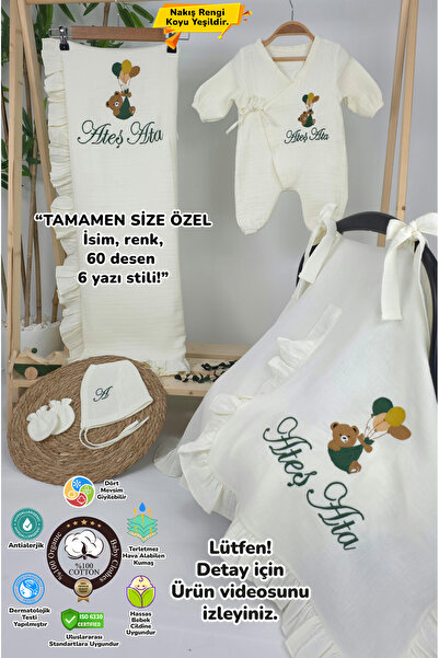 gros shop Müslin Yeni Doğan 4Katlı Organik %100Pamuk Kişiye Özgü Nakışlı Hast...