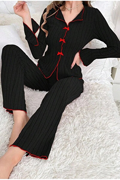 SWEETKORSE Lucy Women's Seasonal Pajama Set Long Sleeve Red Bow Detail Embossed Soft Textured Nightgown