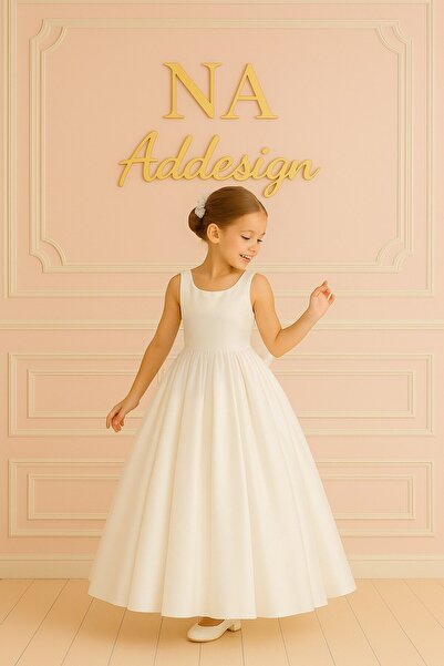 NA ADDESIGN White Satin Girls' Long Evening Dress with Bow Detail