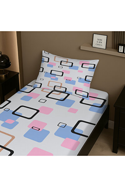 Else Dekor Σετ σεντόνια μονό κρεβάτι με ελαστικό γεωμετρικό σχέδιο μπλε ροζ με μαξιλαροθήκη 100x200cm