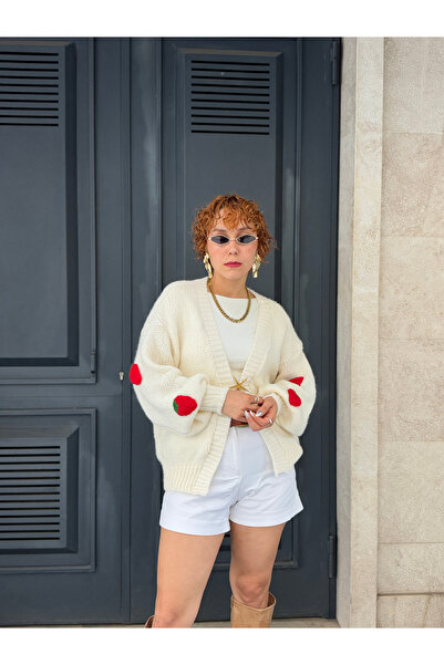 Bak'ap Ecru Strawberry Braided Strawberry Patterned Cardigan