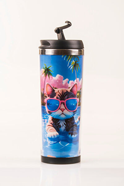 MUKKO HOME Cat Decorated Steel Mug - 360 ml |   Leak-Proof Lid, Steel Inner Bowl, 19 cm