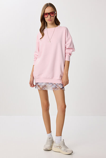 Lovelyİstanbul Oversize Şardonlu Örme Sweatshirt LCR0097 ŞEKER PEMBE