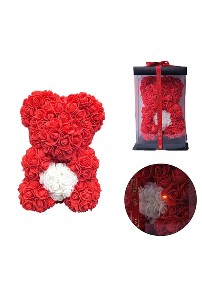velve Ursulet floral 25 cm, cu LED-uri luminoase, trandafiri spuma cu inima a...