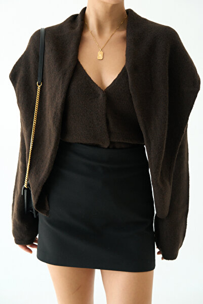 LOOSH Kadın Kahve V Yaka Şal Detaylı Oversize Hırka