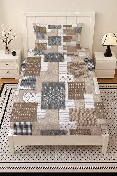 Else Dekor Кафяв комплект еластични чаршафи за единично легло с геометричен ретро мотив и калъфка за възглавница 100x200cm