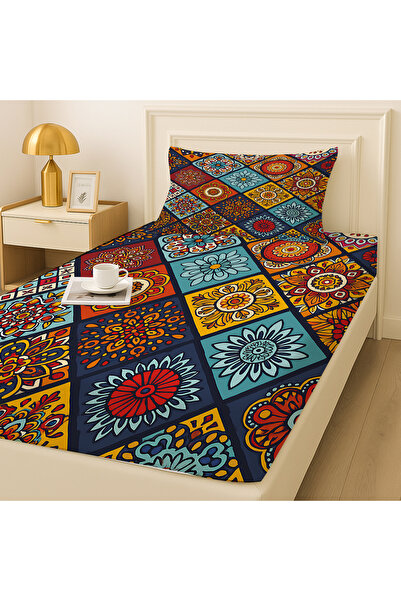 Else Dekor Цветни плочки Етнически мотиви Еластичен комплект чаршафи за единично легло с калъфка за възглавница 100x200cm