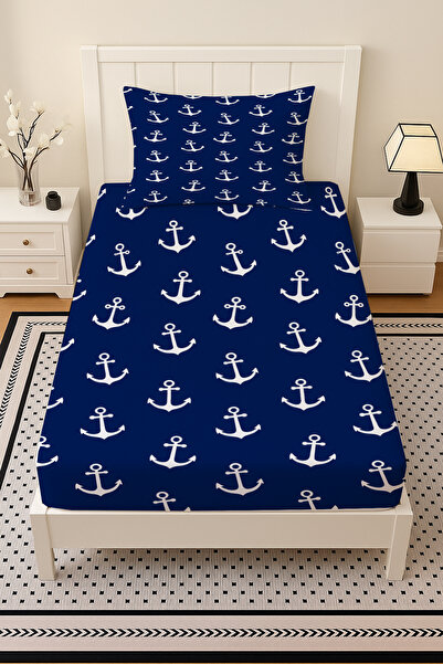 Else Dekor Σετ σεντόνια μονό κρεβάτι με μοτίβο μπλε ναυτικό με ελαστικό κορδόνι με μαξιλαροθήκη 100x200cm