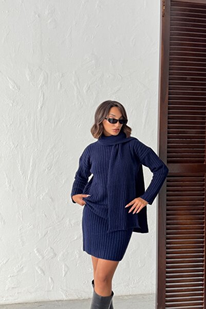 Lusin Women's Navy Blue Skirt Sweater Scarf 3-Piece Knitwear Set