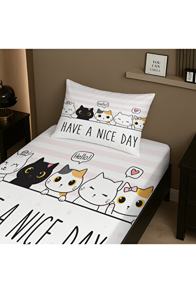Else Dekor Σετ σεντόνια μονό κρεβάτι με σχέδιο Little Cat με ελαστικό και μαξιλαροθήκη 100x200cm