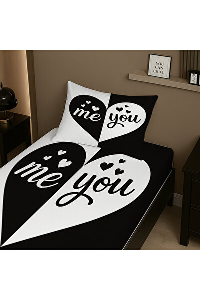 Else Dekor Black and White Heart Patterned Elastic Single Bed Sheet Set with Pillowcase 100X200Cm