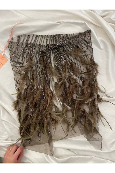 Nurcanilirboutique Otriş tüy detaylı boncuk işlemeli pareo&Sahne eteği