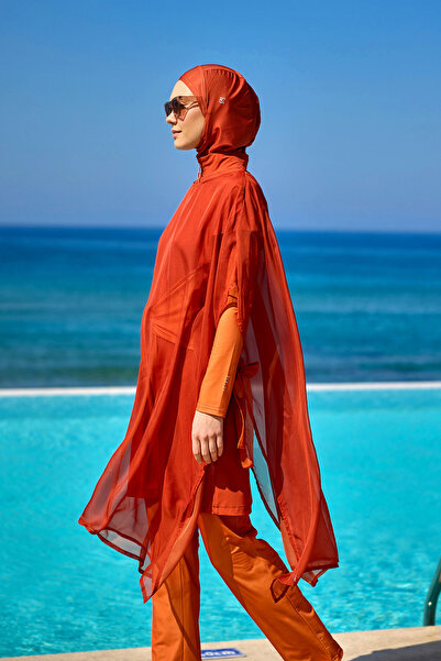 Marina Swimwear Dark Orange Full Length Hijab Kimono – Light Mesh Fabric Kimono P2516-2