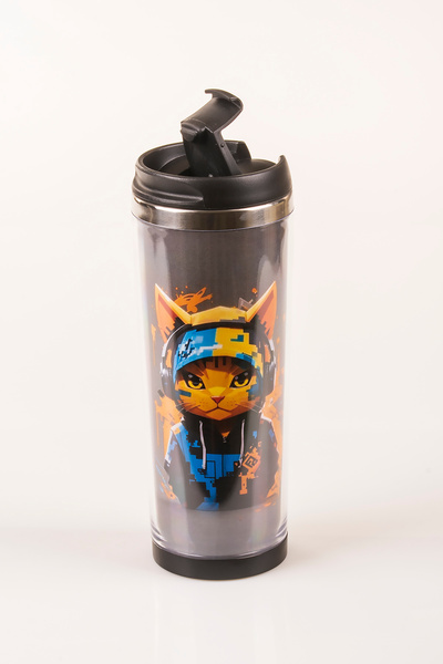 MUKKO HOME Cat Decorated Steel Mug - 360 ml |   Leak-Proof Lid, Steel Inner Bowl, 19 cm