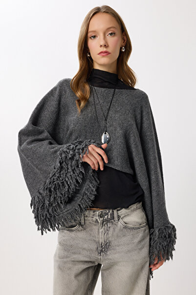 Lovelyİstanbul Pulover crop tricotat cu ciucuri LNS0084 ANTRACIT