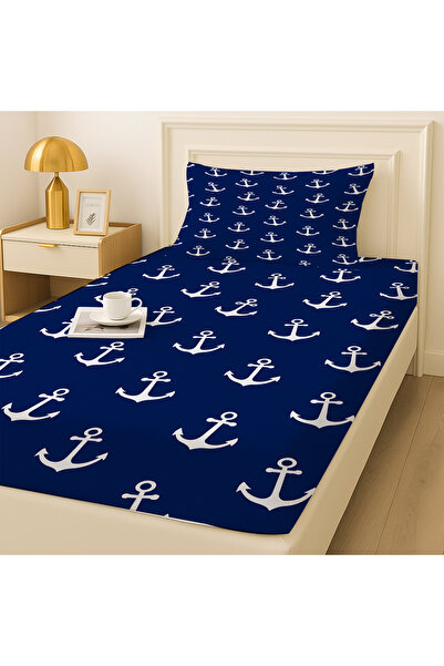 Else Dekor Σετ σεντόνια μονό κρεβάτι με μοτίβο μπλε ναυτικό με ελαστικό κορδόνι με μαξιλαροθήκη 100x200cm