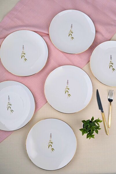 tabakevi Tabak Evi Porcelain Natura Cluster Gold Gilded Cake Plate 20.50cm Set of 6