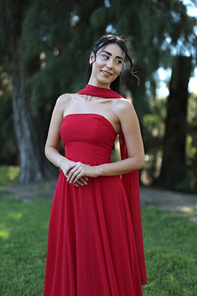 berissima bride Astrid Straplez Şal Detaylı, Kloş Şifon Nikah Elbisesi, Dış Çekim Elbisesi