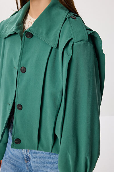 Lovelyİstanbul Vatkalı Piliseli Kısa Trençkot LDP0083 YEŞİL