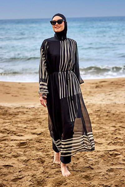 Marina Swimwear Black Modern Line Patterned Full Length Kimono – Lightweight Mesh Fabric Pareo P2511