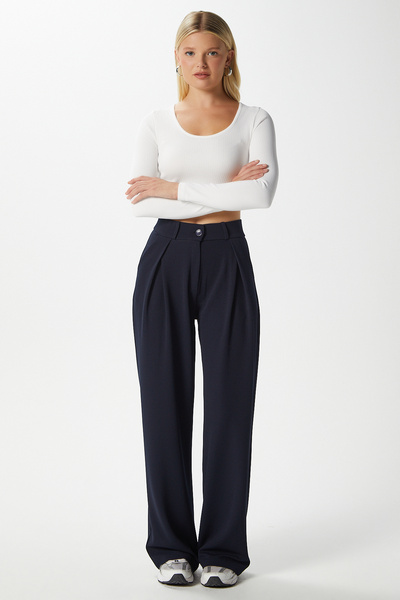 Ritnice Likra Serisi Viora Açık Pile Esnek Lacivert Palazzo Pantolon