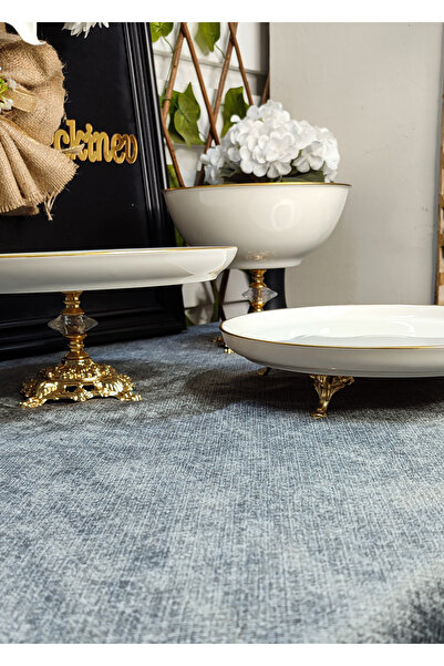 SEÇKİNEV 3 Piece Cool Cream Porcelain Pedestal Table Presentation Plate Set (Gold&Silver)