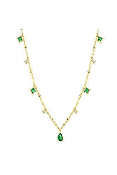 Alzena Jewelry Yeşil Zirkon Taşlı Altın Kaplama Çelik Kolye