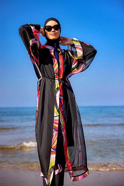 Marina Swimwear Black Minimal Tulle Kimono – Lightweight Mesh Fabric, Belted Pareo P2514