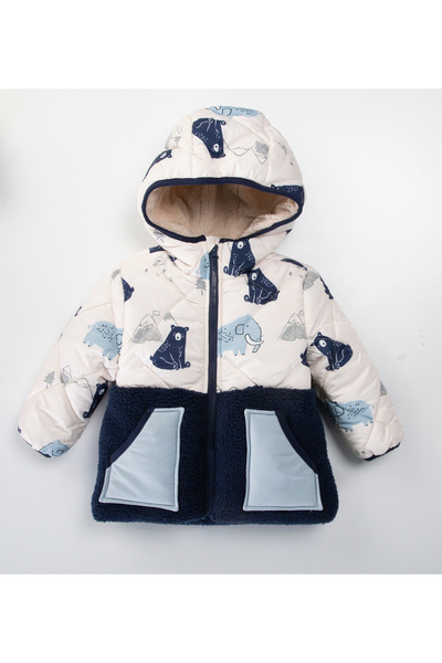 ZERA KIDS Cute Bear, Elephant Pattern, Hooded, Fur Lined Inside, with Pockets, Waterproof, Children's Winter Coat