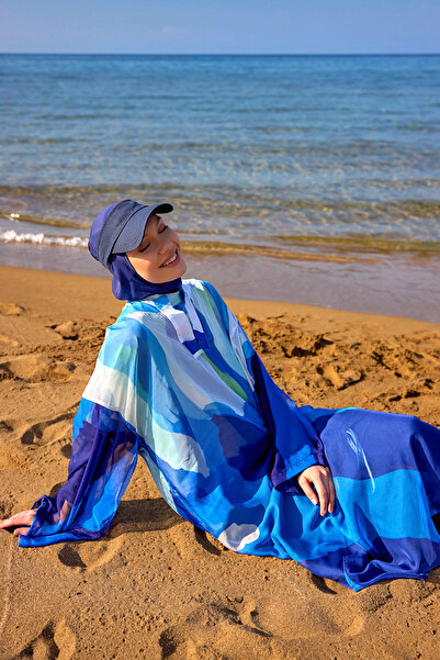 Marina Swimwear Navy Blue Full Length Mesh Kimono – Breathable Lightweight Fabric, Belted Pareo P2507