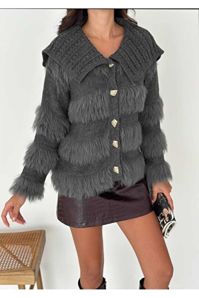 Azra Moda Style Knitwear Cardigan Patterned Beard Fabric Soft Texture Pocket Button Detail Women