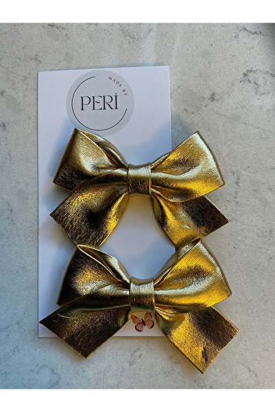 MADE BY PERİ Gold & Silver Metallic Shiny Bow Hair Clip – Set of 2