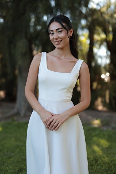 berissima bride Elodie Kare Yaka Midi Kloş Nikah Elbisesi