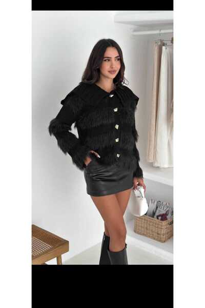 Azra Moda Style Knitwear Cardigan Patterned Beard Fabric Soft Texture Pocket Button Detail Women