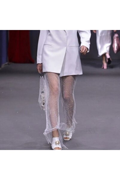 KESNUP Mesh pants with rhinestones, length 115 cm, White