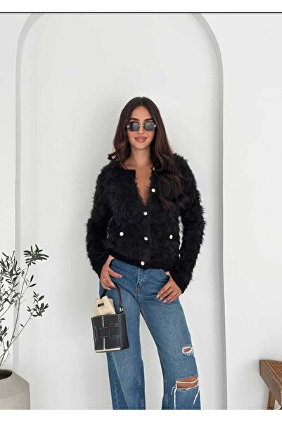 Azra Moda Style Knitwear Cardigan Diamond Pattern Soft Texture Beard Fabric Women