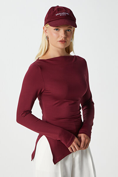 Ritnice Women's Most Polyamide Asymmetrical Burgundy Long Sleeve Blouse