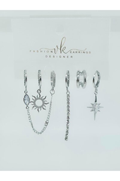 By Zeyna Aksesuar Women's Vip Series Zircon Stone 6-Piece Asymmetric Earring Set – Antiallergenic
