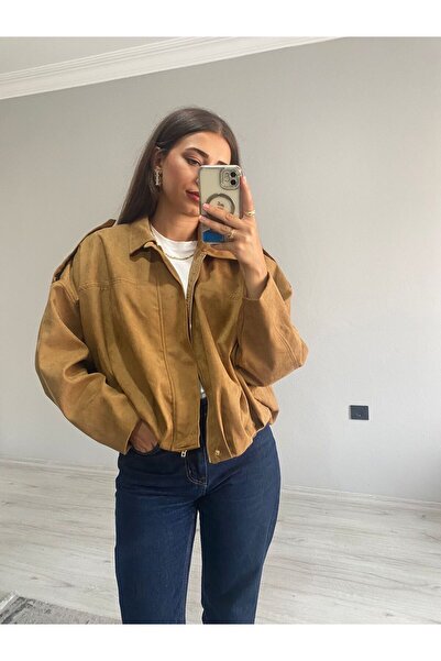 Niceboutique Süet Fermuarlı Düşük Omuz Bomber Ceket