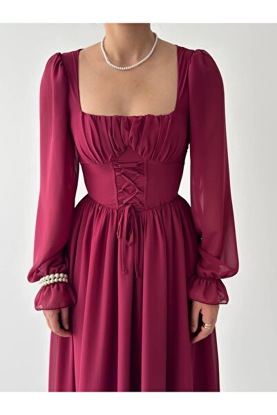 Julidress Bordo Korse Bağlama Detaylı Büzgülü Astarlı Premium Şifon Elbise
