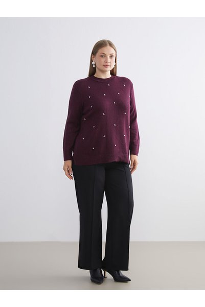 LC Waikiki Pulover de tricotaj pentru femei, mov guler rotund cu broderie cu margele