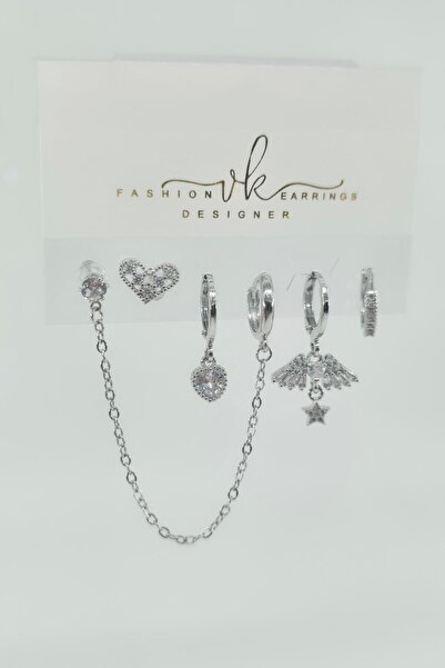 By Zeyna Aksesuar Women's Vip Series Zircon Stone 6-Piece Asymmetric Earring Set – Antiallergenic