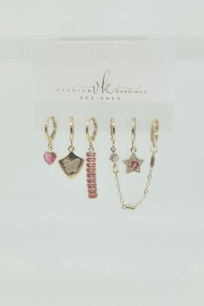 By Zeyna Aksesuar Women's Vip Series Zircon Stone 6-Piece Asymmetric Earring Set – Antiallergenic