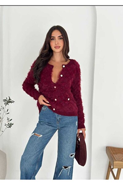 Azra Moda Style Knitwear Cardigan Diamond Pattern Soft Texture Beard Fabric Women