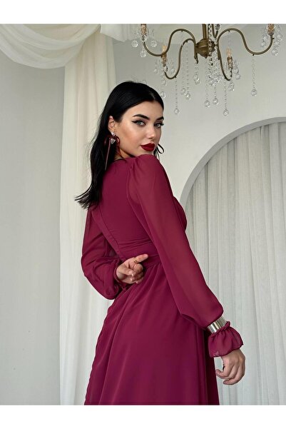 Julidress Bordo Korse Bağlama Detaylı Büzgülü Astarlı Premium Şifon Elbise