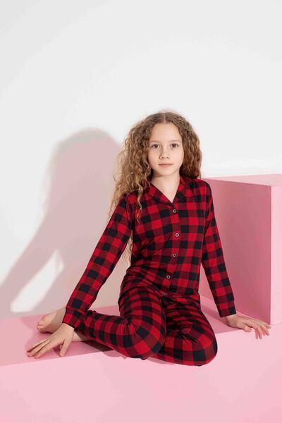 Tarık Girl Teenager and Children Square Pattern Long Sleeve Milan Fabric Front Buttoned Seasonal Pajama Set