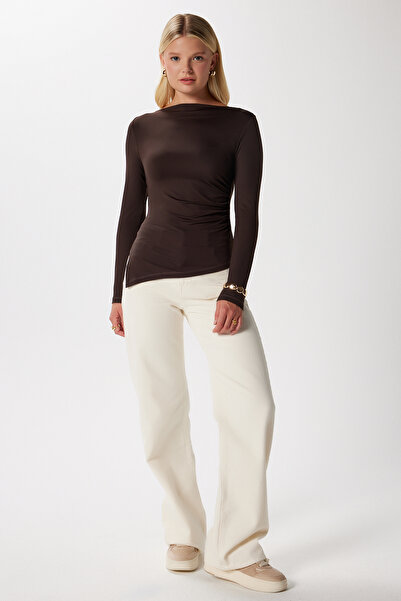 Ritnice Women's Most Polyamide Asymmetrical Brown Long Sleeve Blouse