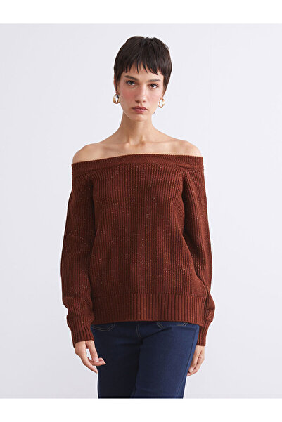 LC Waikiki Brown Boat Neck Oversize Women's Knit Sweater